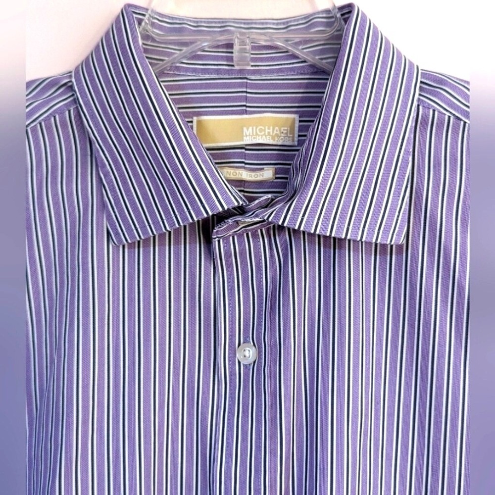 Michael Kors Men's Button Up Shirt‎ Size 17.5 Large Lavender Gray Stripe No Iron